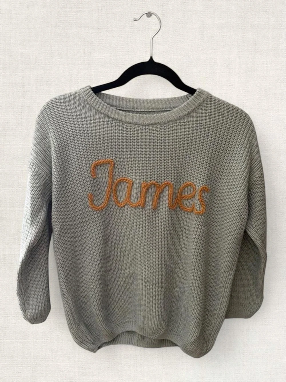 Embroidered 'James' Knit Sweater - Sage Green with Rust Script